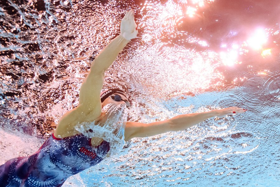 An underwater view shows USA's Kate Douglass competing