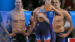 US’ Gretchen Walsh (2nd R), US’ Nic Fink (R), US’ Ryan Murphy (L) and US’ Torri Huske (2nd L) celebrate after winning the final of the mixed 4x100m medley relay final swimming event during the Paris 2024 Olympic Games at the Paris La Defense Arena in Nanterre, west of Paris, on August 3, 2024. (Photo by SEBASTIEN BOZON / AFP) (Photo by SEBASTIEN BOZON/AFP via Getty Images)