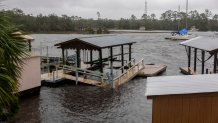 Boating docks float in the storm surge as Hurricane Debby makes landfall in Steinhatchee, Florida, US, on Monday, Aug. 5, 2024. Hurricane Debby slammed into Florida southeast of Tallahassee as a Category 1 storm after intensifying over warm waters, the latest evidence that this will be a robust season for tropical cyclones. Photographer: Christian Monterrosa/Bloomberg