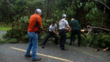 Members of local law enforcement and fire rescue crews clear fallen trees from the road as Hurricane Debby makes landfall in Steinhatchee, Florida, US, on Monday, Aug. 5, 2024. Hurricane Debby slammed into Florida southeast of Tallahassee as a Category 1 storm after intensifying over warm waters, the latest evidence that this will be a robust season for tropical cyclones. Photographer: Christian Monterrosa/Bloomberg