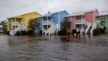 Homes surrounded by flood water after Hurricane Debby made landfall in Steinhatchee, Florida, US, on Monday, Aug. 5, 2024. Tropical Storm Debby threatens to unleash days of heavy rain and flooding on the US East Coast after slamming into Florida as a hurricane, knocking out power to thousands. Photographer: Christian Monterrosa/Bloomberg via Getty Images