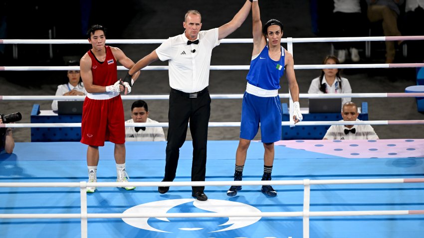 Paris , France – 6 August 2024; Imane Khelif of Team Algeria, right, is declared victorious over Janjaem Suwannapheng of Team Thailand after their women’s 66kg semi-final bout at Court Philippe-Chatrier in Roland Garros Stadium during the 2024 Paris Summer Olympic Games in Paris, France.