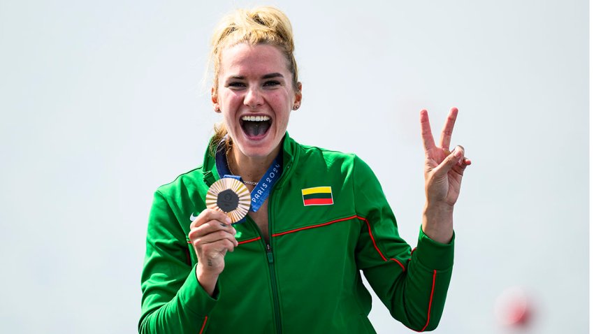 PARIS, FRANCE – AUGUST 3: Third Viktorija Senkute of Team Lithuania celebrates winning the Bronze medal after competing in the Women’s Single Sculls Finals A on day eight of the Olympic Games Paris 2024 at Vaires-Sur-Marne Nautical Stadium on August 3, 2024 in Paris, France. (Photo by Tom Weller/VOIGT/GettyImages)