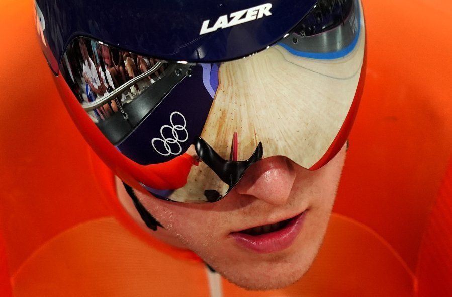 Netherlands' Jeffrey Hoogland during the Men's Team Sprint at the at the National Velodrome, Saint-Quentin-en-Yvelines, on the twelfth day of the 2024 Paris Olympic Games in France