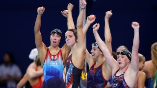 NANTERRE, FRANCE – AUGUST 04: Regan Smith, Lilly King, Gretchen Walsh and Torri Huske of Team United States celebrate after winning gold in a world record time in the Women’s 4x100m Medley Relay Final on day nine of the Olympic Games Paris 2024 at Paris La Defense Arena on August 04, 2024 in Nanterre, France. (Photo by Quinn Rooney/Getty Images)