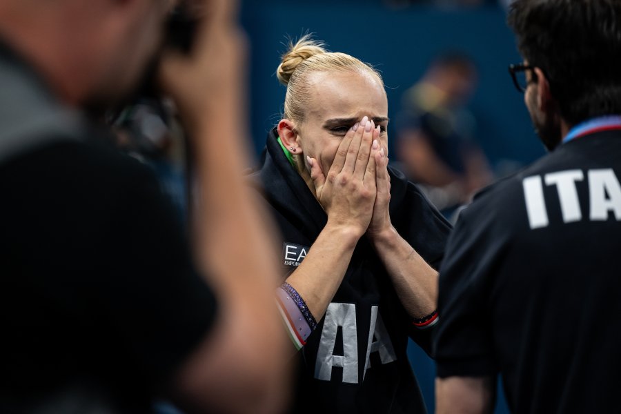 Gold medal winner Alice D'Amato of Italy cries with happiness while women´s balance beam finale on day ten of the Olympic Games Paris 2024 at Bercy Arena on August 05, 2024 in Paris, France