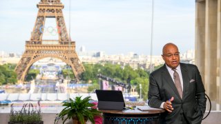 PARIS, FRANCE – AUGUST 04: (BROADCAST-OUT) Mike Tirico is seen on the set of NBCUniversal Paris 2024 Olympics coverage on August 04, 2024 in Paris, France. (Photo by Kristy Sparow/Getty Images)