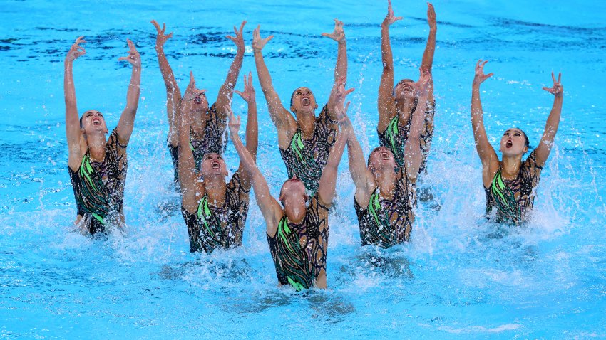 Members of Team United States compete in the Team Acrobatic Routine on day twelve of the Olympic Games Paris 2024 at Aquatics Centre on August 07, 2024 in Paris, France.