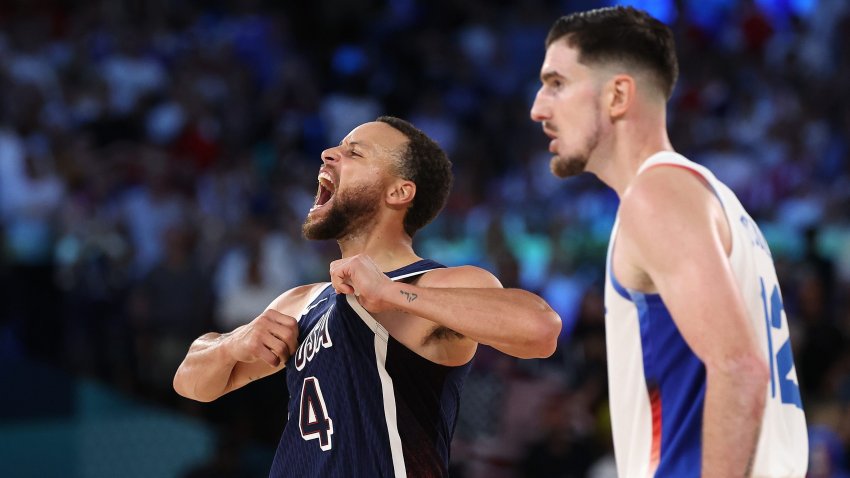 PARIS, FRANCE – AUGUST 10: Stephen Curry #4 of Team United States reacts in front of Nando de Colo #12 of Team France during the Men’s Gold Medal game between Team France and Team United States on day fifteen of the Olympic Games Paris 2024 at Bercy Arena on August 10, 2024 in Paris, France. (Photo by Ezra Shaw/Getty Images)