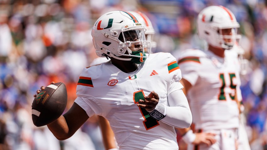 GAINESVILLE, FLORIDA – AUGUST 31: Cam Ward #1 of the Miami Hurricanes warms up before the start of a game against the Florida Gators at Ben Hill Griffin Stadium on August 31, 2024 in Gainesville, Florida. (Photo by James Gilbert/Getty Images)