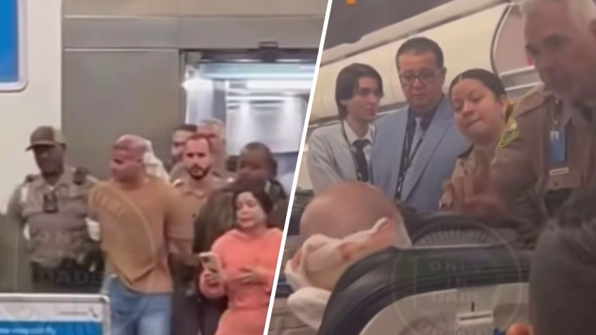 New video shows how a man who was bleeding from his head after a hair transplant was arrested along with his wife after they refused to get off of a flight in Miami on Tuesday.  