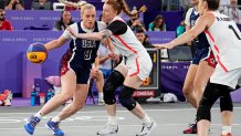 Aug 5, 2024; Paris, France; United States player Hailey van Lith (9) drives to the basket against Canada player Kacie Bosch (4) in the women’s 3x3 basketball bronze medal game during the Paris 2024 Olympic Summer Games at La Concorde 1. 