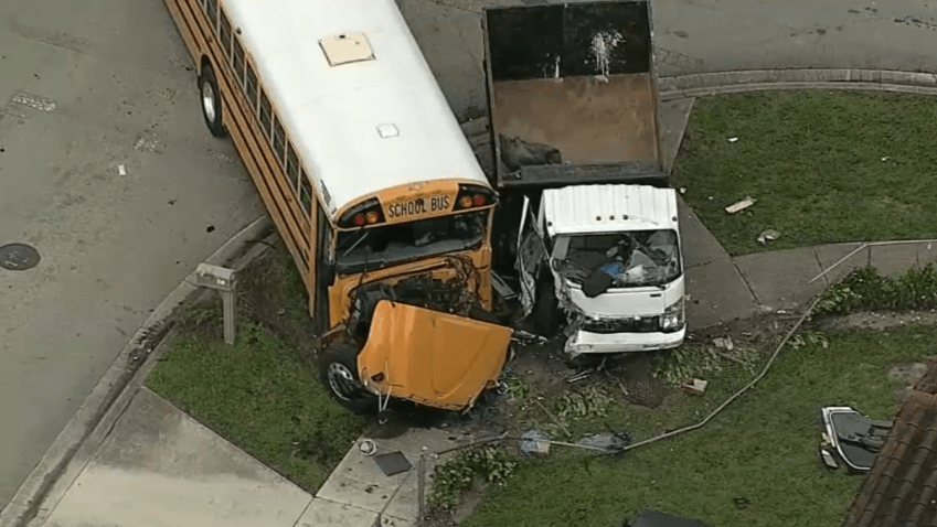 Several people, including children, were transported to the hospital Tuesday, Sept. 17, 2024, after a school bus and a landscape truck were involved in a crash in Hialeah.