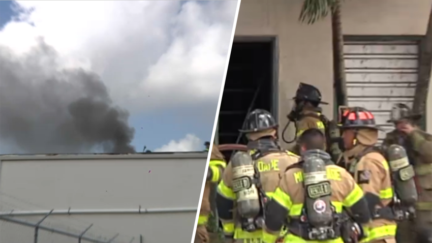 A Miami-Dade firefighter was hospitalized with minor injuries suffered while battling a blaze at a public storage facility in Miami Gardens on Saturday.