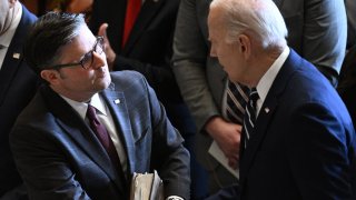 US President Joe Biden (R) shakes hands with Speaker of the House Mike Johnson as they attend the National Prayer Breakfast Foundation’s annual event at the US Capitol in Washington, DC, on February 1, 2024.