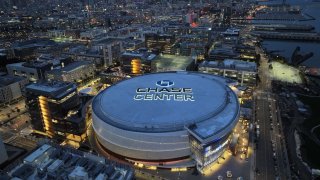 A general overall aerial view of the Chase Center on December 31, 2023 in San Francisco, California. 