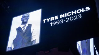 The screen at the Smoothie King Center in New Orleans honors Tyre Nichols.