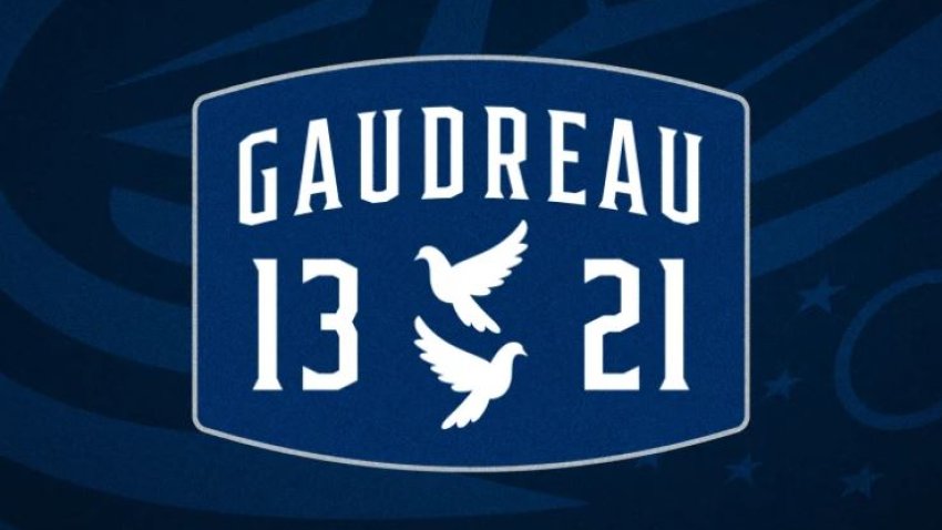 Gaudreau brothers helmet sticker on blue background