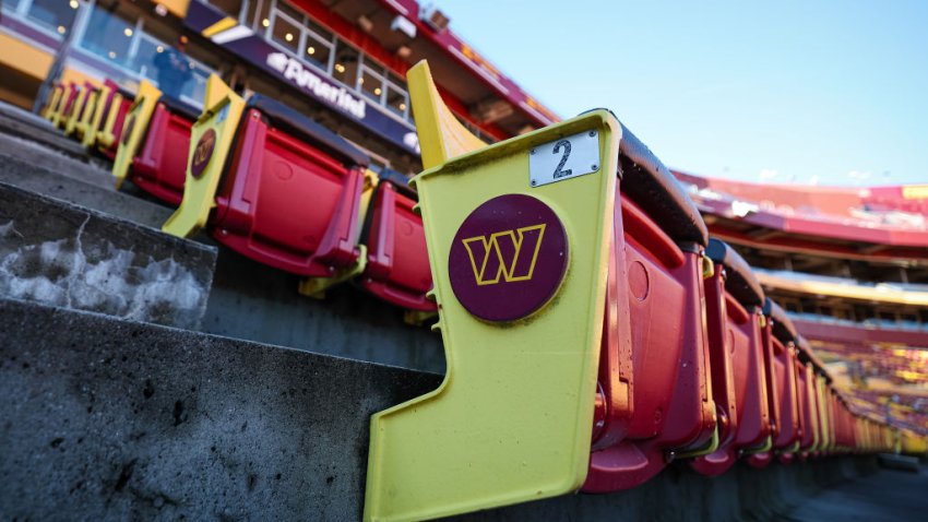 LANDOVER, MD – JANUARY 01: A general view of a section of stadium seats with the Washington Commanders logo before the game between the Washington Commanders and the Cleveland Browns at FedExField on January 1, 2023 in Landover, Maryland. (Photo by Scott Taetsch/Getty Images)