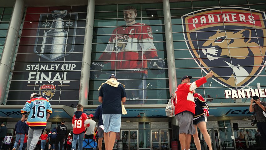 SUNRISE, FLORIDA – JUNE 10: Fans gather outside of the arena prior to Game Four of the 2023 NHL Stanley Cup Final between the Florida Panthers and the Vegas Golden Knights at FLA Live Arena on June 10, 2023 in Sunrise, Florida. (Photo by Patrick Smith/Getty Images)