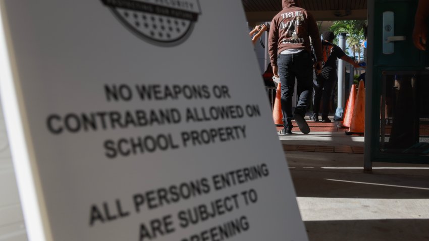 PEMBROKE PINES, FLORIDA – JUNE 24: Summer school students walk through a newly installed CEIA OpenGate weapons detection system at Charles W. Flanagan High School on June 24, 2024 in Pembroke Pines, Florida. As part of the Broward County Public School’s ongoing effort to enhance safety and security measures in schools, the Broward County School Board approved using walk-through metal detectors on high school campuses. Following the initiative’s launch at two high school summer sites, the rollout of walk-through metal detectors at District high schools will continue at the start of the 2024/25 school year. (Photo by Joe Raedle/Getty Images)