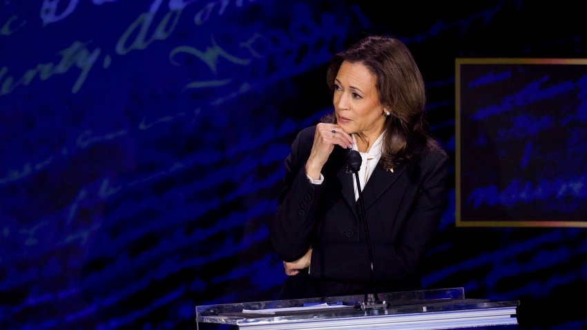 Vice President Kamala Harris during the second presidential debate at the Pennsylvania Convention Center in Philadelphia, Pennsylvania, US, on Tuesday, Sept. 10, 2024.