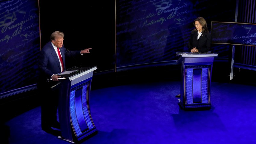 Vice President Kamala Harris, right, and former President Donald Trump during the presidential debate at the Pennsylvania Convention Center in Philadelphia, Pennsylvania, Sept. 10, 2024.