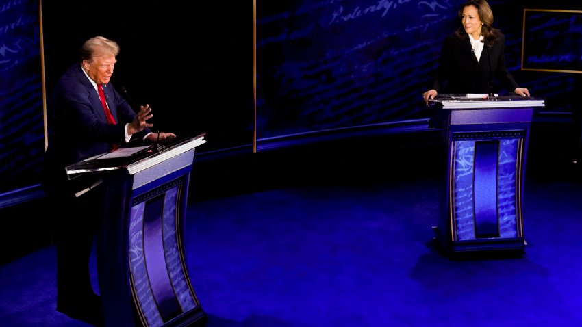 Vice President Kamala Harris, right, and former US President Donald Trump during the second presidential debate at the Pennsylvania Convention Center in Philadelphia, Pennsylvania, US, on Tuesday, Sept. 10, 2024.