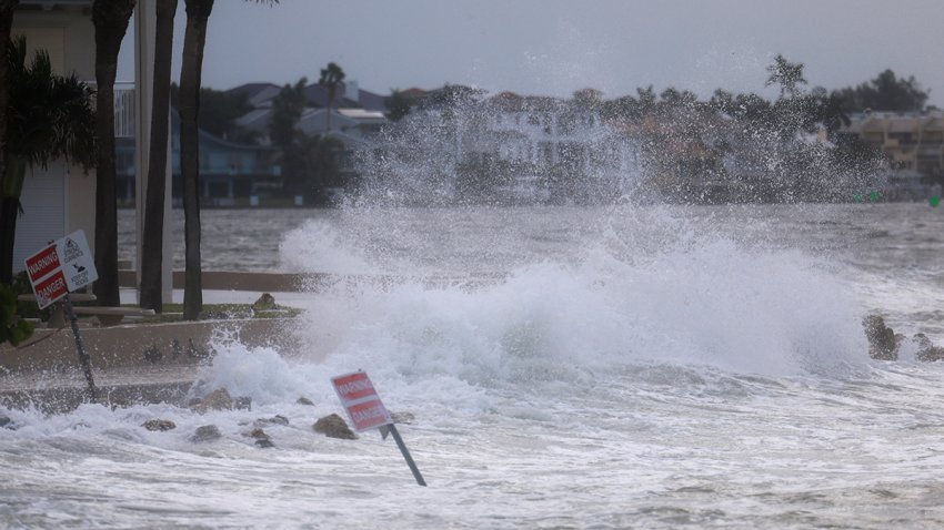 ST PETE BEACH, FLORIDA – SEPTEMBER 26: Waves from the Gulf of Mexico crash on shore as Hurricane Helene churns offshore on September 26, 2024 in St. Pete Beach, Florida. Later today, Helene is forecast to become a major hurricane, bringing the potential for deadly storm surges, flooding rain, and destructive hurricane-force winds along parts of the Florida West Coast. (Photo by Joe Raedle/Getty Images)