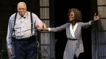 NEW YORK, NY - OCTOBER 14: Actors James Earl Jones and Cicely Tyson take a bow during curtain call for the Broadway opening night of "The Gin Game" at the John Golden Theatre on October 14, 2015 in New York City. (Photo by Jemal Countess/Getty Images)