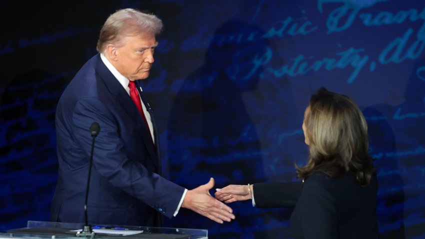 PHILADELPHIA, PENNSYLVANIA – SEPTEMBER 10: Republican presidential nominee, former U.S. President Donald Trump and Democratic presidential nominee, U.S. Vice President Kamala Harris greet as they debate for the first time during the presidential election campaign at The National Constitution Center on September 10, 2024 in Philadelphia, Pennsylvania. After earning the Democratic Party nomination following President Joe Biden’s decision to leave the race, Harris faced off with Trump in what may be the only debate of the 2024 race for the White House. (Photo by Win McNamee/Getty Images)