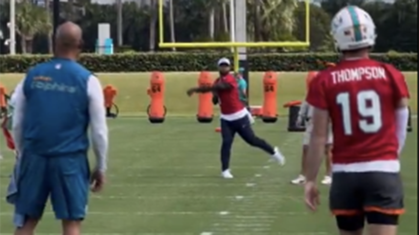 Miami Dolphins quarterback Tua Tagovailoa resturns to practice on Oct. 23, 2024.