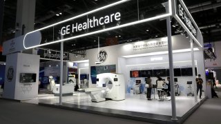 GE Healthcare booth is seen ahead of the 2022 China International Fair for Trade in Services (CIFTIS) at China National Convention Center on August 28, 2022 in Beijing, China. 