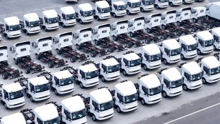 Aerial view of new energy vehicles at Huaian BYD Industrial Co., Ltd. on August 26, 2024 in Huaian, Jiangsu Province of China. 