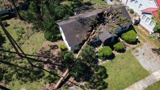 An aerial picture taken on September 28, 2024, shows storm damage in the aftermath of Hurricane Helene in Valdosta, Georgia.