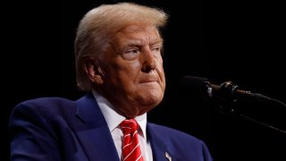 Republican presidential nominee, former U.S. President Donald Trump delivers remarks during a campaign rally at the Cobb Energy Performing Arts Centre on October 15, 2024 in Atlanta, Georgia. 