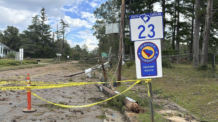 Damage and debris from Hurricane Helene is seen in Edgefield, S.C,