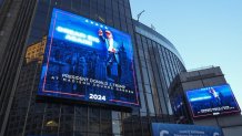 Video boards outside Madison Square Garden display information about the campaign rally for Republican presidential nominee former President Donald Trump Sunday, Oct. 27, 2024, in New York. (AP Photo/Alex Brandon)