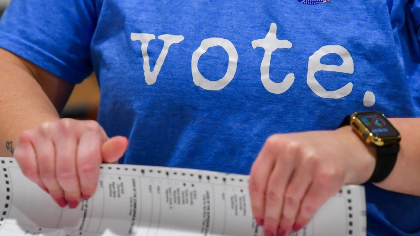 SCRANTON, PENNSYLVANIA, UNITED STATES – 2023/11/07: A woman wearing a Vote t-shirt prepares mail-in ballots to be counted at a polling station in Pennsylvania. Municipal Elections in Pennsylvania had a low turnout. In the most recent statistic, about 15% to 27% of eligible voters cast ballots in local elections. (Photo by Aimee Dilger/SOPA Images/LightRocket via Getty Images)