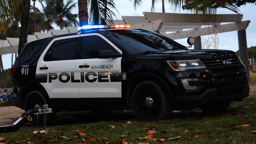 Police car is seen in Miami Beach, United States on April 30, 2024. (Photo by Jakub Porzycki/NurPhoto via Getty Images)