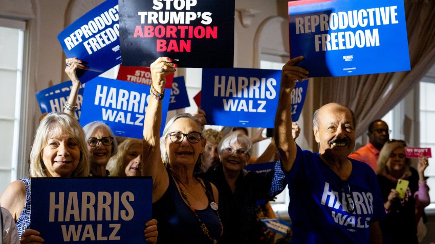 Attendees hold campaign signage during the kickoff of the Harris-Walz campaign reproductive rights bus tour in Boynton Beach, Florida, US, on Tuesday, Sept. 3, 2024. US Vice President Kamala Harris, who’s energized Democratic donors since emerging atop her party’s ticket, is moving $24.5 million down ballot to help candidates in Senate, House and state races, according to a person familiar with the campaign’s plans. Photographer: Eva Marie Uzcategui/Bloomberg via Getty Images