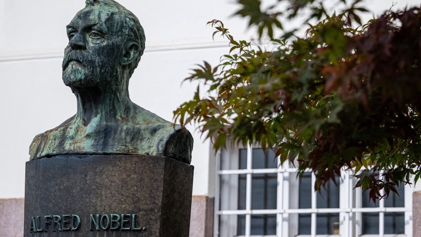 File. Alfred Nobel (1833-1896) is pictured outside the Norwegian Nobel Institute in Oslo, Norway on September 25, 2024.