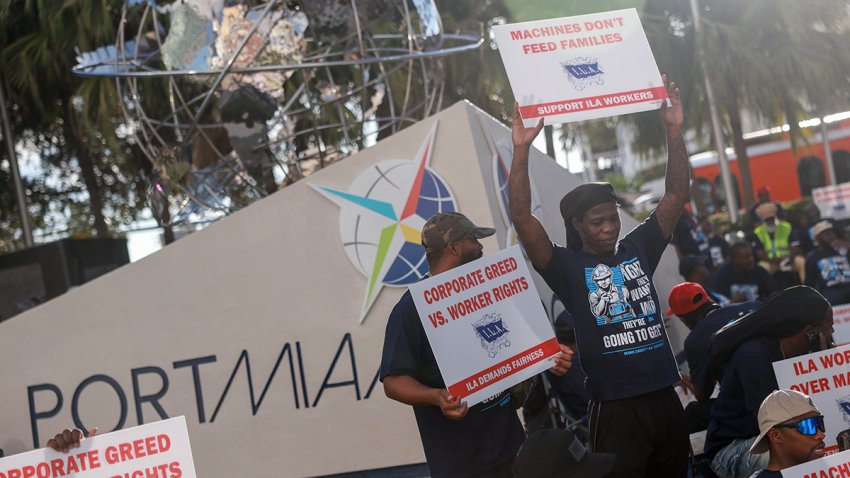 MIAMI, FLORIDA – OCTOBER 01: Port of Miami dockworkers strike near the entrance to the port after the union and management failed to reach a consensus on a new labor contract on October 01, 2024 in Miami, Florida. The workers joined with tens of thousands of others on the East and Gulf Coast ports to strike after the International Longshoremen’s Association and the US Maritime Alliance, which represents dozens of East and Gulf Coast ports, failed to reach a new labor agreement. (Photo by Joe Raedle/Getty Images)