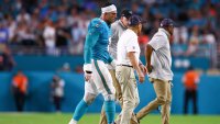 MIAMI GARDENS, FLORIDA – SEPTEMBER 30: Jaelan Phillips #15 of the Miami Dolphins walks off the field with an apparent injury during the second half of the game against the Tennessee Titans at Hard Rock Stadium on September 30, 2024 in Miami Gardens, Florida. (Photo by Megan Briggs/Getty Images)