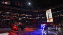 SUNRISE, FLORIDA - OCTOBER 08: The 2024 Stanley Cup championship banner is raised over the ice during a ceremony before the Florida Panthers' home opener against the Boston Bruins at Amerant Bank Arena on October 08, 2024 in Sunrise, Florida. (Photo by Carmen Mandato/Getty Images)