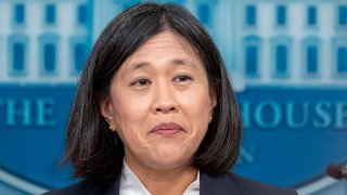 FILE - U.S. Trade Representative Katherine Tai speaks with reporters in the James Brady Press Briefing Room at the White House, May 14, 2024, in Washington.