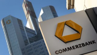 The logo of German bank Commerzbank seen on a branch office near the Commerzbank Tower in Frankfurt.