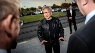 Nvidia CEO Jensen Huang arrives at the launch of the supercomputer Gefion, at the Vilhelm Lauritzen Terminal in Kastrup, Denmark, on Oct. 23, 2024.