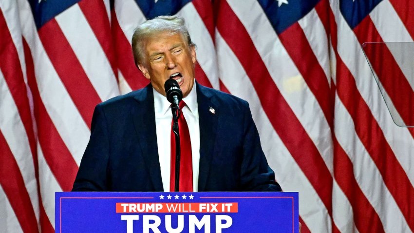 President-elect Donald Trump speaks during an election night event at the West Palm Beach Convention Center in West Palm Beach, Florida, on November 6, 2024.