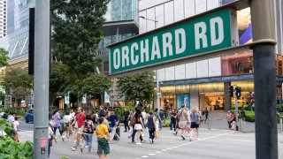 The Orchard Road area in Singapore, on Monday, July 8, 2024. The Orchard Road shopping strip is a global hub for tourism and high-end retail that’s boomed along with the nation’s rise, reshaping a swath of nutmeg plantations and pepper farms first cultivated over a century ago.